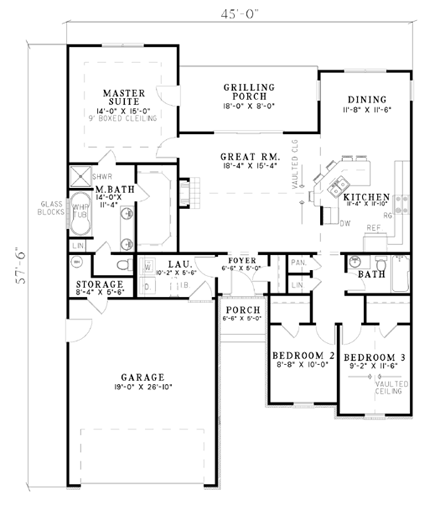 One-Story House Plan 62263 with 3 Beds, 2 Baths, 2 Car Garage First Level Plan