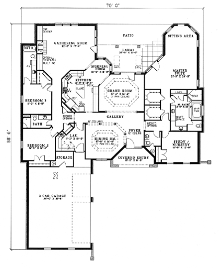 One-Story House Plan 62289 with 4 Beds, 4 Baths, 3 Car Garage First Level Plan