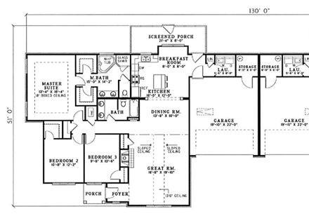 One-Story House Plan 62307 with 6 Beds, 4 Baths, 2 Car Garage First Level Plan