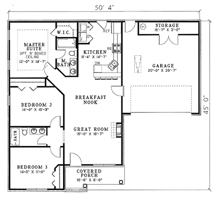 One-Story House Plan 62308 with 3 Beds, 2 Baths, 2 Car Garage First Level Plan