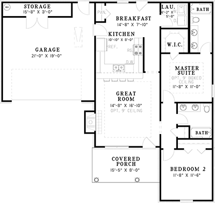 One-Story House Plan 62309 with 2 Beds, 2 Baths, 2 Car Garage First Level Plan