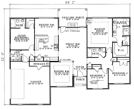 One-Story House Plan 62317 with 4 Beds, 2 Baths, 2 Car Garage First Level Plan