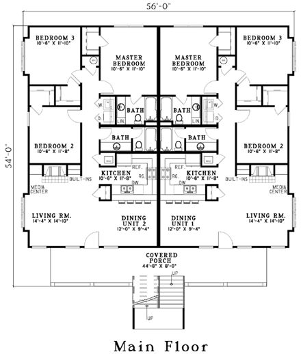 Southern, Traditional Multi-Family Plan 62322 with 12 Beds, 8 Baths First Level Plan
