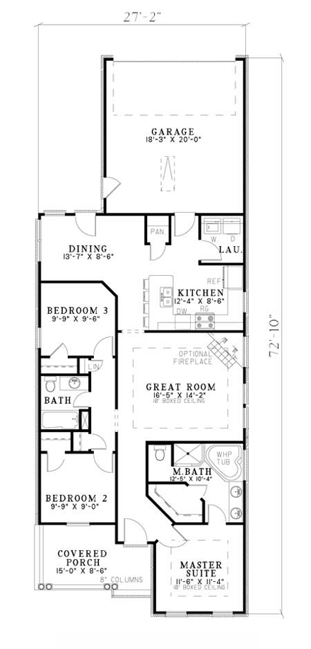 Narrow Lot, One-Story House Plan 62326 with 3 Beds, 2 Baths, 2 Car Garage First Level Plan