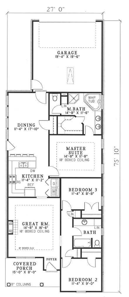 Narrow Lot, One-Story House Plan 62327 with 3 Beds, 2 Baths, 2 Car Garage First Level Plan