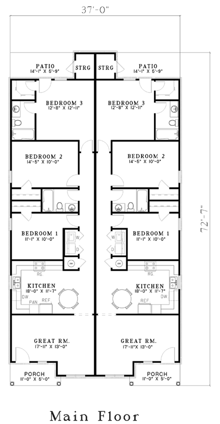 Narrow Lot, One-Story Multi-Family Plan 62332 with 6 Beds, 4 Baths First Level Plan