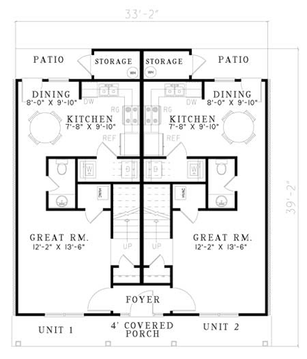Multi-Family Plan 62333 with 4 Beds, 4 Baths First Level Plan