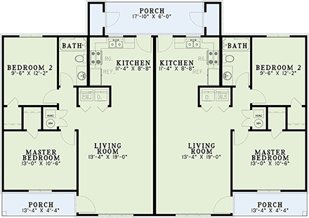 One-Story Multi-Family Plan 62336 with 4 Beds, 2 Baths First Level Plan