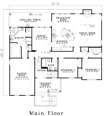 House Plan 62338, 2 Car Garage First Level Plan