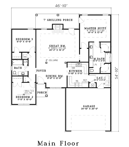Narrow Lot House Plan 62340 with 3 Beds, 2 Baths, 2 Car Garage First Level Plan