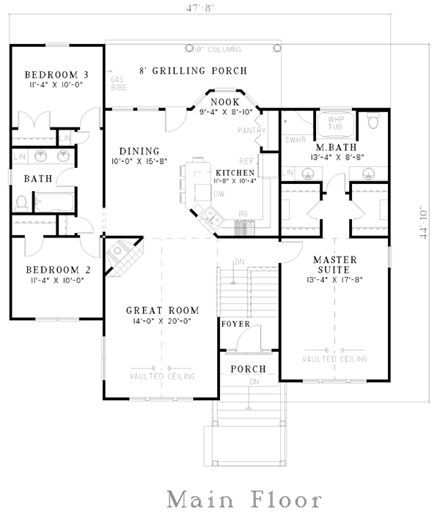 One-Story House Plan 62342 with 3 Beds, 2 Baths, 2 Car Garage First Level Plan