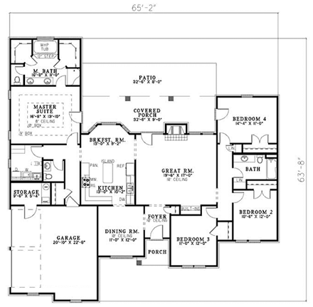 One-Story House Plan 62346 with 4 Beds, 3 Baths, 2 Car Garage First Level Plan