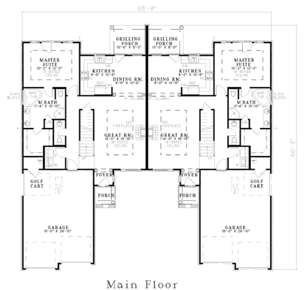 Multi-Family Plan 62348 with 6 Beds, 6 Baths, 4 Car Garage First Level Plan
