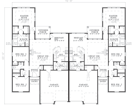 One-Story Multi-Family Plan 62353 with 6 Beds, 4 Baths, 4 Car Garage First Level Plan