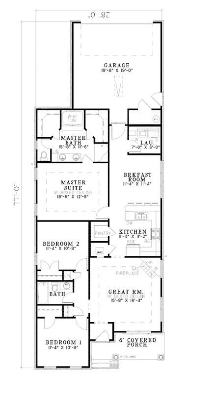 Narrow Lot, One-Story House Plan 62359 with 3 Beds, 2 Baths, 2 Car Garage First Level Plan