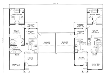 Multi-Family Plan 62362 with 6 Beds, 6 Baths, 4 Car Garage First Level Plan