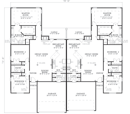 Narrow Lot, One-Story Multi-Family Plan 62364 with 6 Beds, 4 Baths, 4 Car Garage First Level Plan