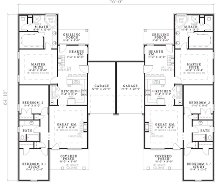 One-Story Multi-Family Plan 62371 with 6 Beds, 4 Baths, 2 Car Garage First Level Plan