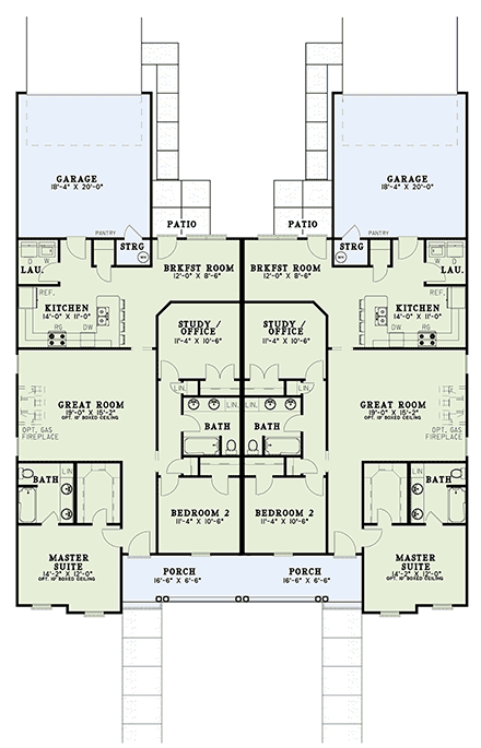 One-Story Multi-Family Plan 62374 with 6 Beds, 4 Baths, 2 Car Garage First Level Plan