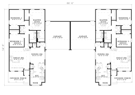 One-Story Multi-Family Plan 62375 with 6 Beds, 4 Baths, 2 Car Garage First Level Plan