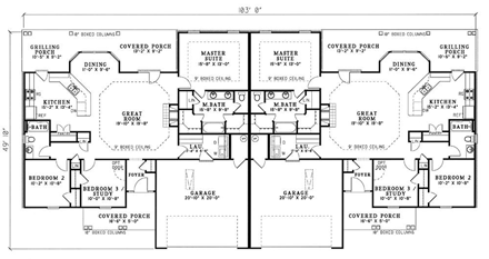 One-Story, Ranch Multi-Family Plan 62376 with 6 Beds, 4 Baths, 4 Car Garage First Level Plan