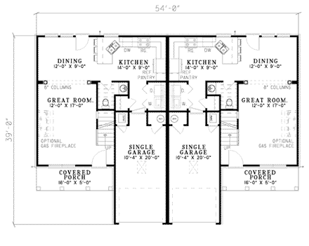 Traditional Multi-Family Plan 62377 with 6 Beds, 6 Baths, 2 Car Garage First Level Plan