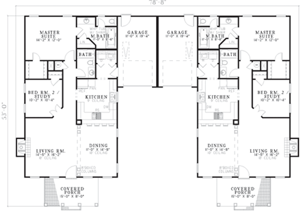 One-Story, Traditional Multi-Family Plan 62378 with 4 Beds, 4 Baths, 2 Car Garage First Level Plan