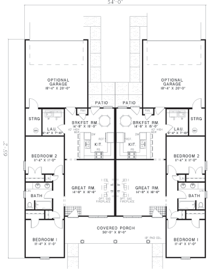 Multi-Family Plan 62379 with 4 Beds, 2 Baths, 2 Car Garage First Level Plan