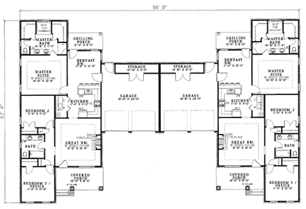 One-Story Multi-Family Plan 62382 with 6 Beds, 4 Baths, 4 Car Garage First Level Plan