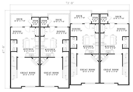 Traditional Multi-Family Plan 62387 with 8 Beds, 12 Baths, 4 Car Garage First Level Plan