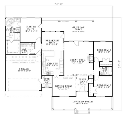 Country, Ranch, Southern House Plan 62388 with 3 Beds, 2 Baths, 2 Car Garage First Level Plan