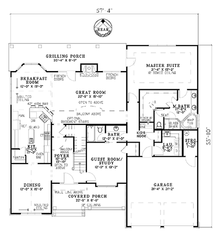 Craftsman, European, Tudor House Plan 62393 with 4 Beds, 3 Baths, 2 Car Garage First Level Plan