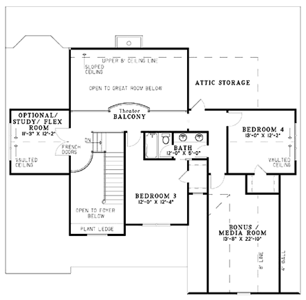 Craftsman, European, Tudor House Plan 62393 with 4 Beds, 3 Baths, 2 Car Garage Second Level Plan