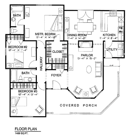 Victorian House Plan 62405 with 3 Beds, 2 Baths First Level Plan