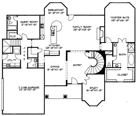 European House Plan 62412 with 5 Beds, 5 Baths, 2 Car Garage First Level Plan