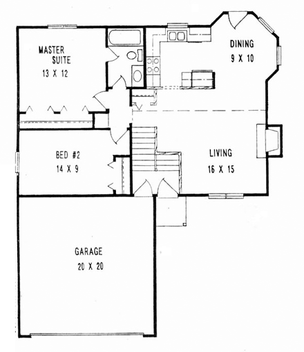 Narrow Lot, One-Story, Traditional House Plan 62500 with 2 Beds, 1 Baths, 2 Car Garage First Level Plan