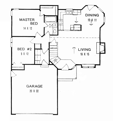 One-Story, Traditional House Plan 62503 with 2 Beds, 1 Baths, 2 Car Garage First Level Plan