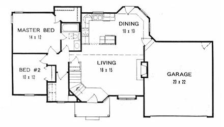One-Story, Ranch House Plan 62504 with 2 Beds, 1 Baths, 2 Car Garage First Level Plan