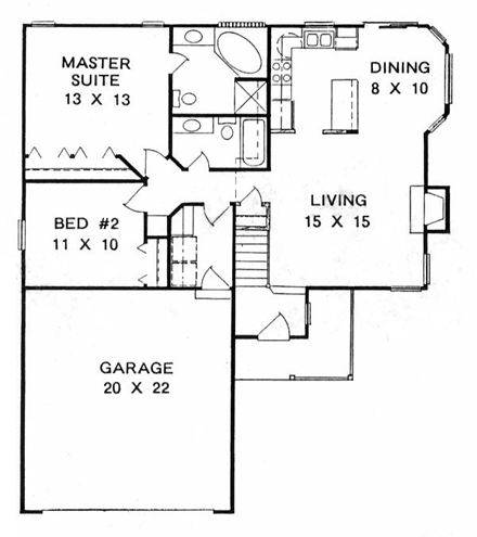 Narrow Lot, One-Story, Traditional House Plan 62507 with 2 Beds, 2 Baths, 2 Car Garage First Level Plan