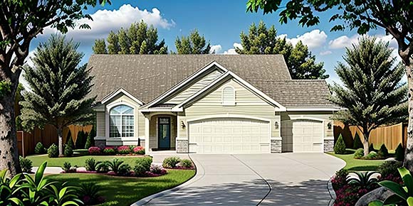 One-Story, Traditional House Plan 62511 with 2 Beds, 2 Baths, 3 Car Garage Elevation