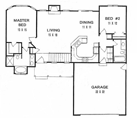 One-Story, Ranch House Plan 62518 with 2 Beds, 2 Baths, 2 Car Garage First Level Plan