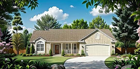 One-Story, Ranch House Plan 62518 with 2 Beds, 2 Baths, 2 Car Garage Elevation