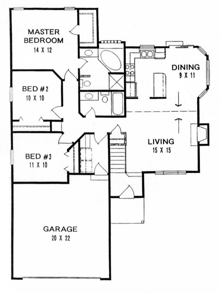 Narrow Lot, One-Story, Traditional House Plan 62524 with 3 Beds, 2 Baths, 2 Car Garage First Level Plan