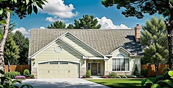Narrow Lot, One-Story, Traditional House Plan 62524 with 3 Beds, 2 Baths, 2 Car Garage Elevation