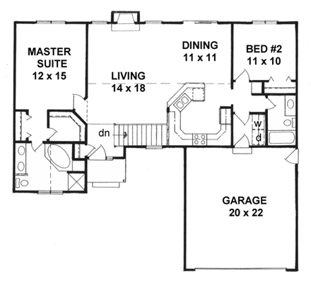 One-Story, Traditional House Plan 62525 with 2 Beds, 2 Baths, 2 Car Garage First Level Plan