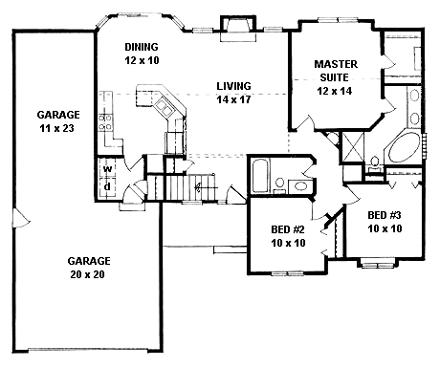 Traditional House Plan 62526 with 3 Beds, 2 Baths, 3 Car Garage First Level Plan