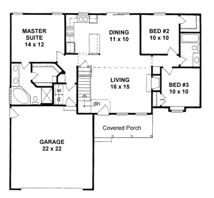 One-Story, Ranch House Plan 62537 with 3 Beds, 2 Baths, 2 Car Garage First Level Plan