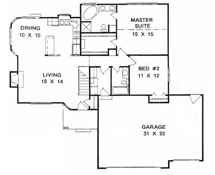 One-Story, Ranch House Plan 62538 with 2 Beds, 2 Baths, 3 Car Garage First Level Plan