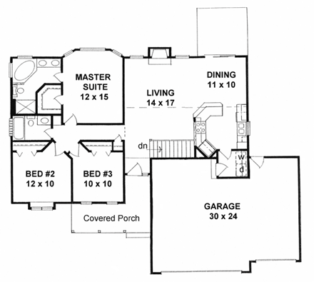 One-Story, Traditional House Plan 62546 with 3 Beds, 2 Baths, 3 Car Garage First Level Plan