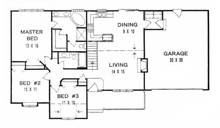 One-Story, Ranch House Plan 62547 with 3 Beds, 2 Baths, 2 Car Garage First Level Plan